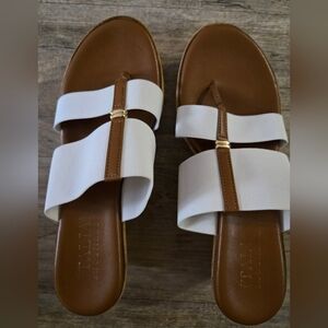 White and Tan Elastic Strap Slide Sandals - Classic Women's Slides